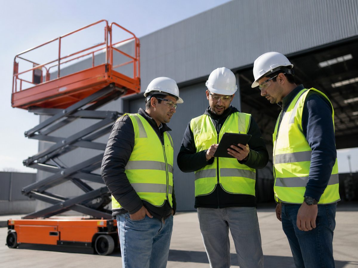 Equipo de Cilver revisando una plataforma de tijera