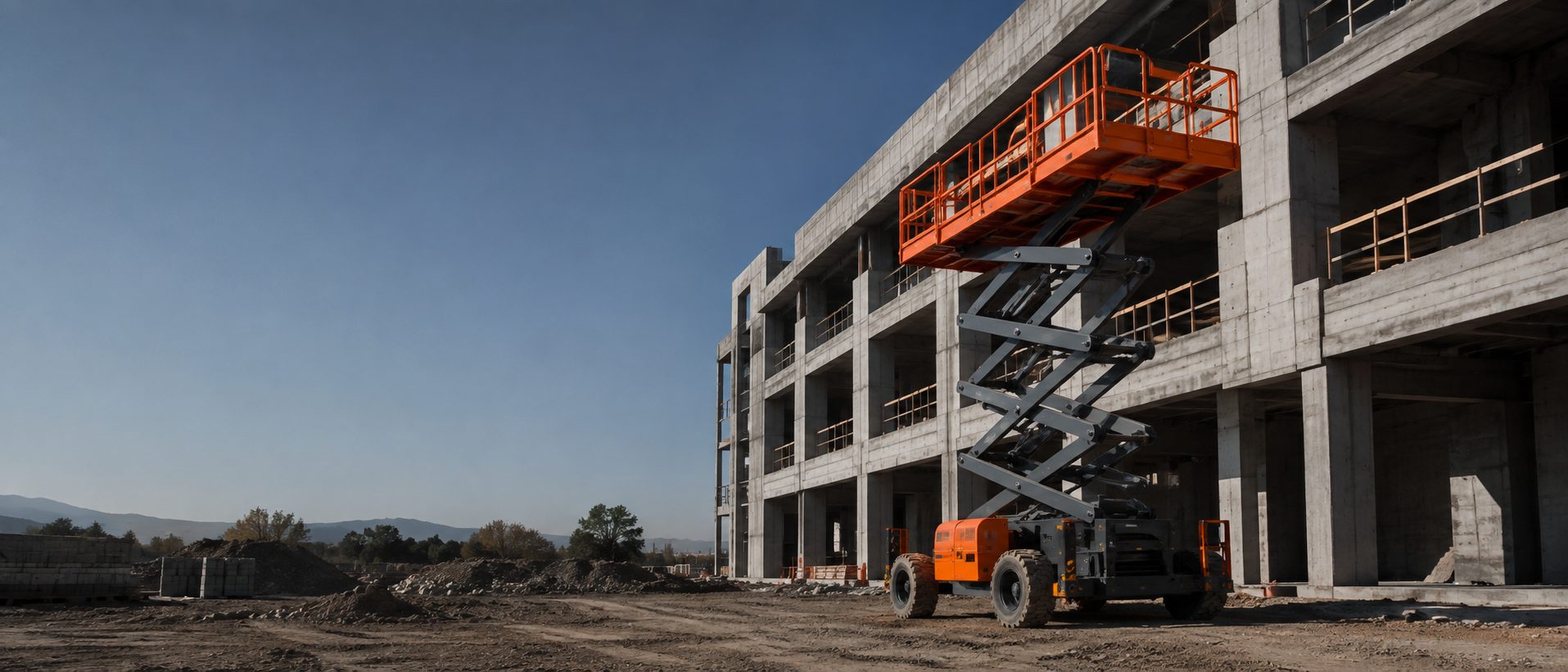 Tijera diésel elevada en una faena de construcción al aire libre