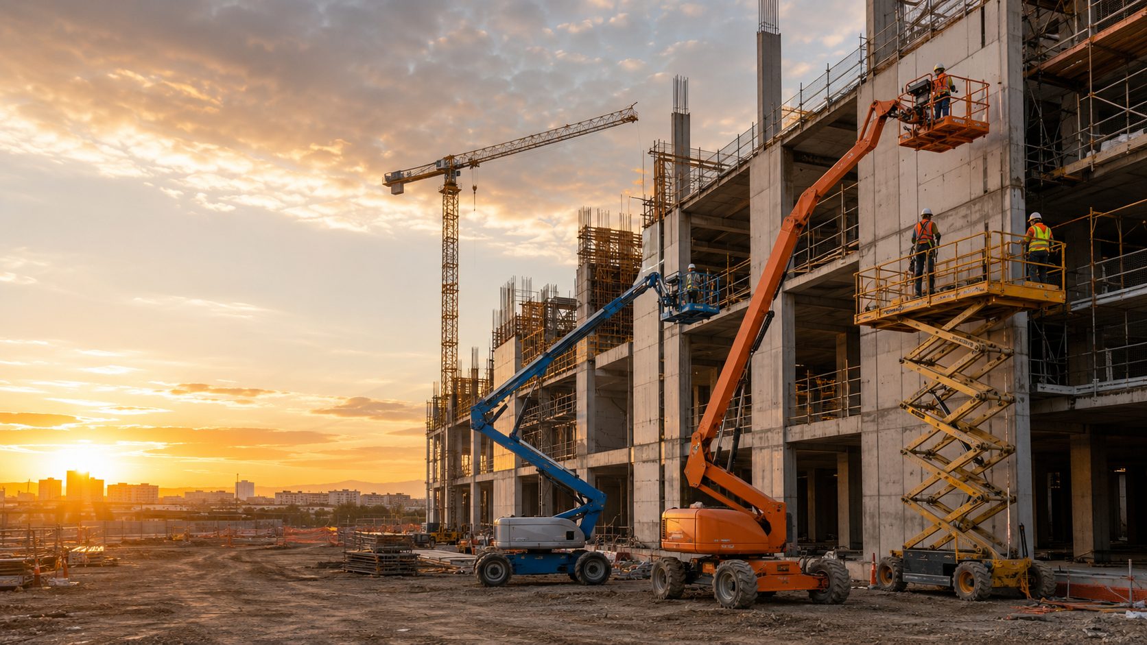 Plataformas de elevación trabajando en una obra en altura